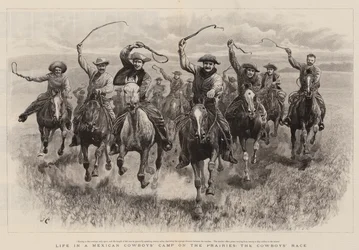 A vida no acampamento dos vaqueiros mexicanos nas pradarias, a corrida dos vaqueiros